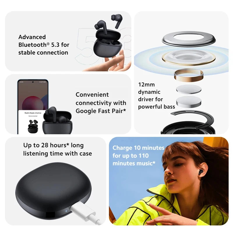2023 Global Version Redmi Buds 4 Active Bluetooth 5.3 Earphone TWS up to 28 Hours Listening Noise Cancellation for Clear Calls